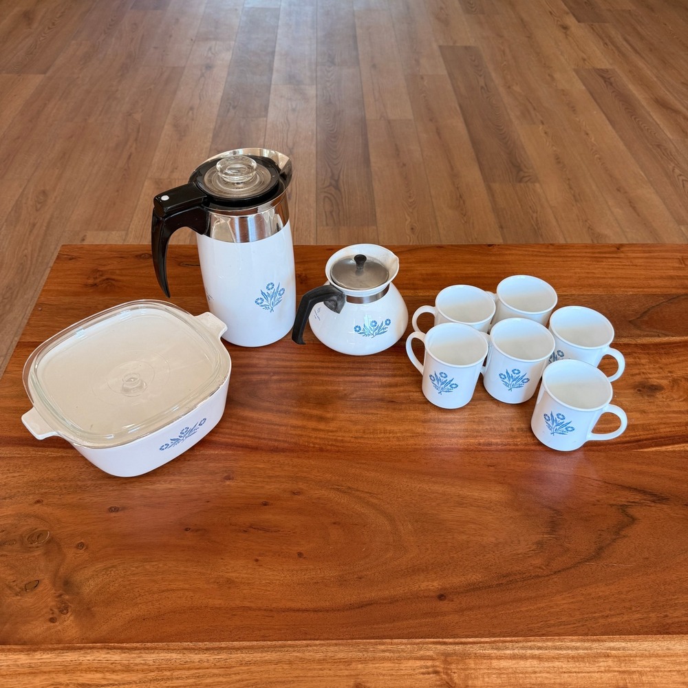 Corning Ware Vintage "Blue Corn Flower" Coffee Pot, Tea Pot, Tea Cups.. 9 Piece